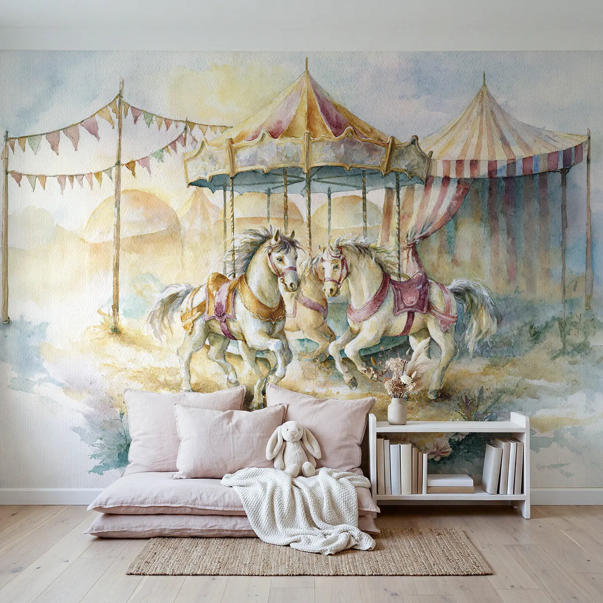 Vintage Carousel Horses Wallpaper Mural in playroom setting by Whimsy Tots