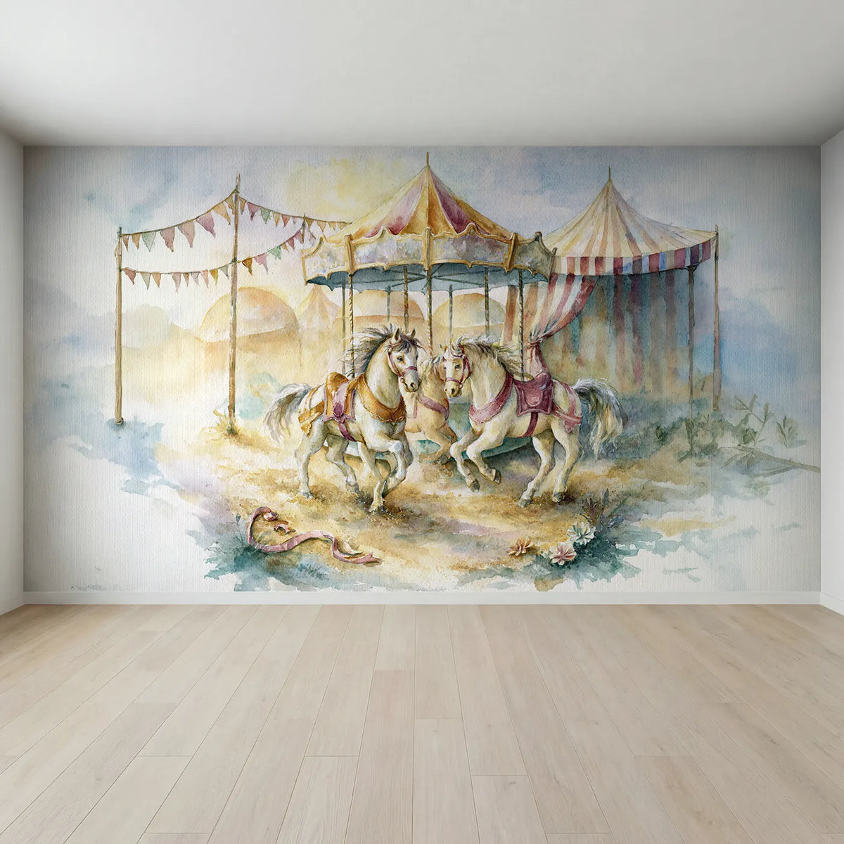 Full view of Vintage Carousel Horses Wallpaper Mural by Whimsy Tots