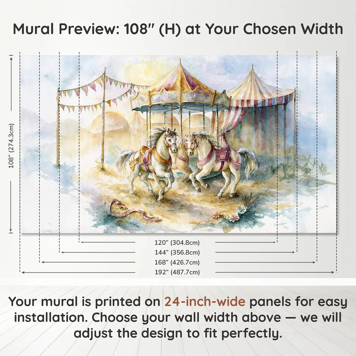 Panel layout and dimensions for Vintage Carousel Horses Wallpaper Mural by Whimsy Tots