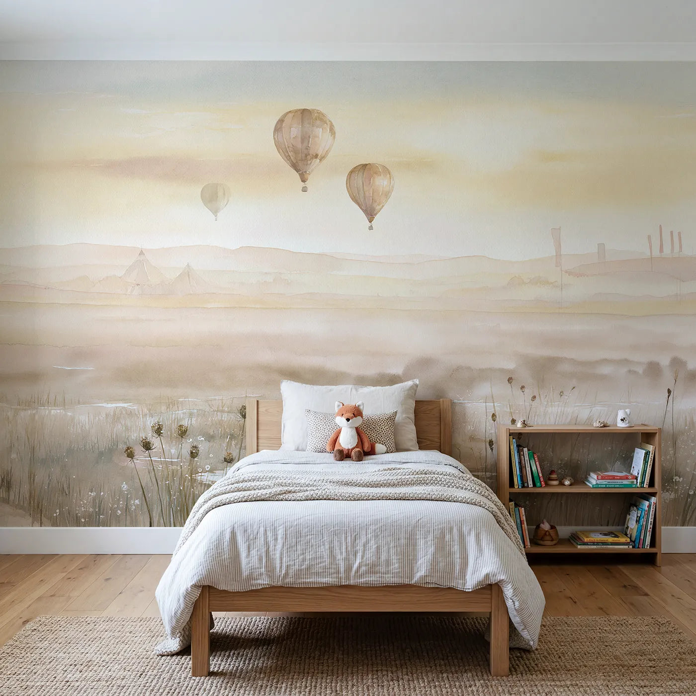 Watercolor wall mural of funfair balloons at golden hour on warm cream by Whimsy Tots