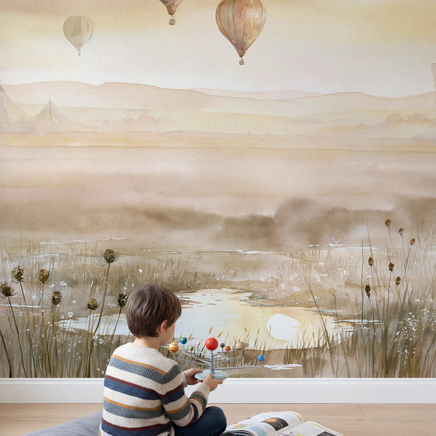Child in nursery with Funfair Balloon Sky Wallpaper Mural by Whimsy Tots