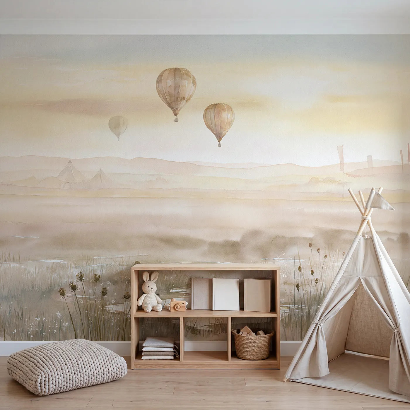 Funfair Balloon Sky Wallpaper Mural in playroom setting by Whimsy Tots