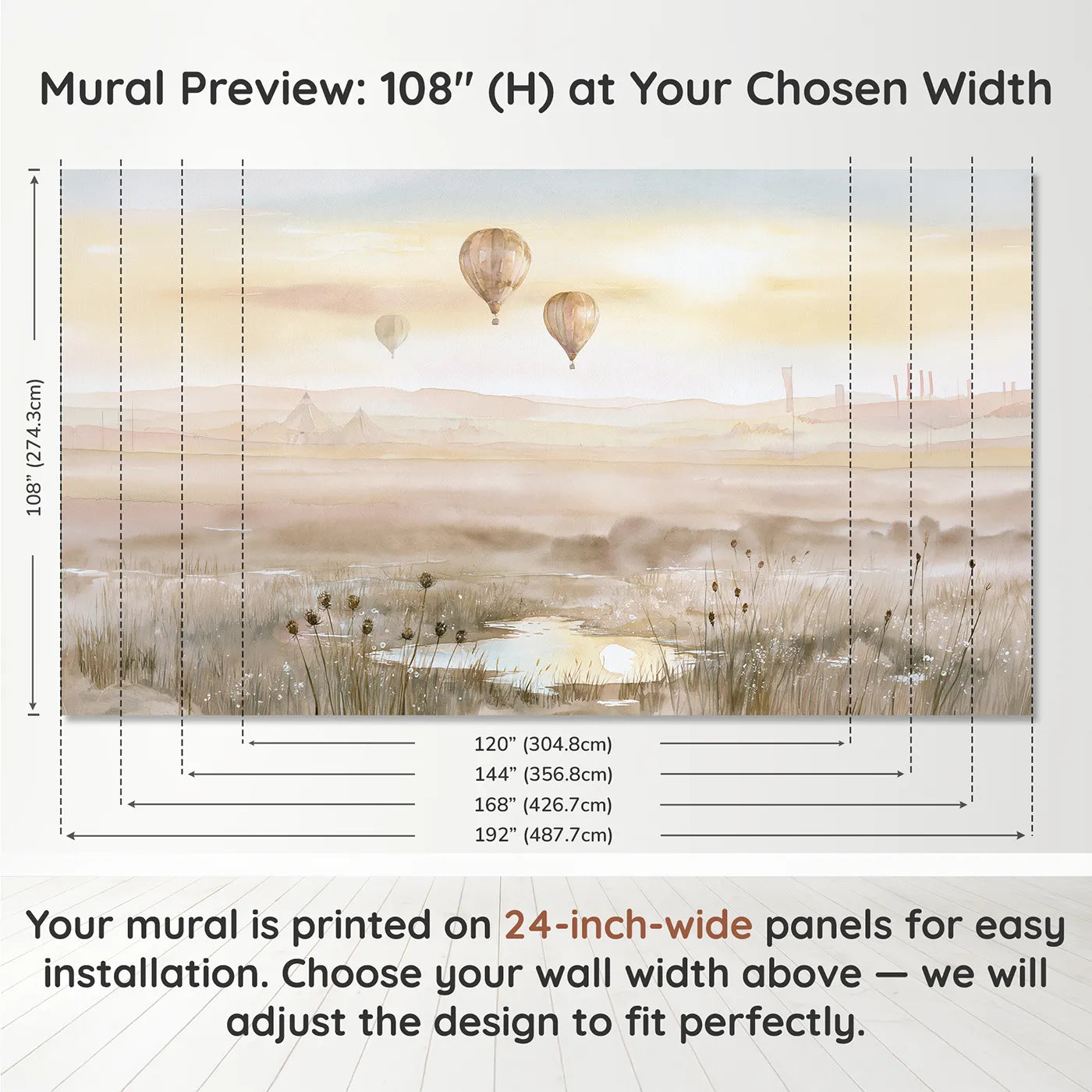 Panel layout and dimensions for Funfair Balloon Sky Wallpaper Mural by Whimsy Tots
