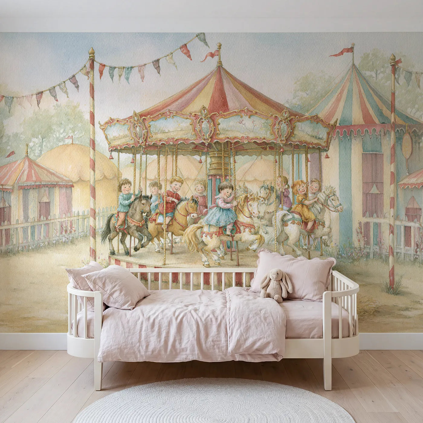 Storybook wall mural of children on a carousel on warm cream by Whimsy Tots
