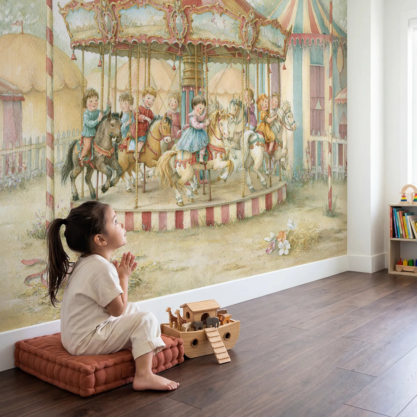 Child in nursery with Carousel Pony Ride Wallpaper Mural by Whimsy Tots