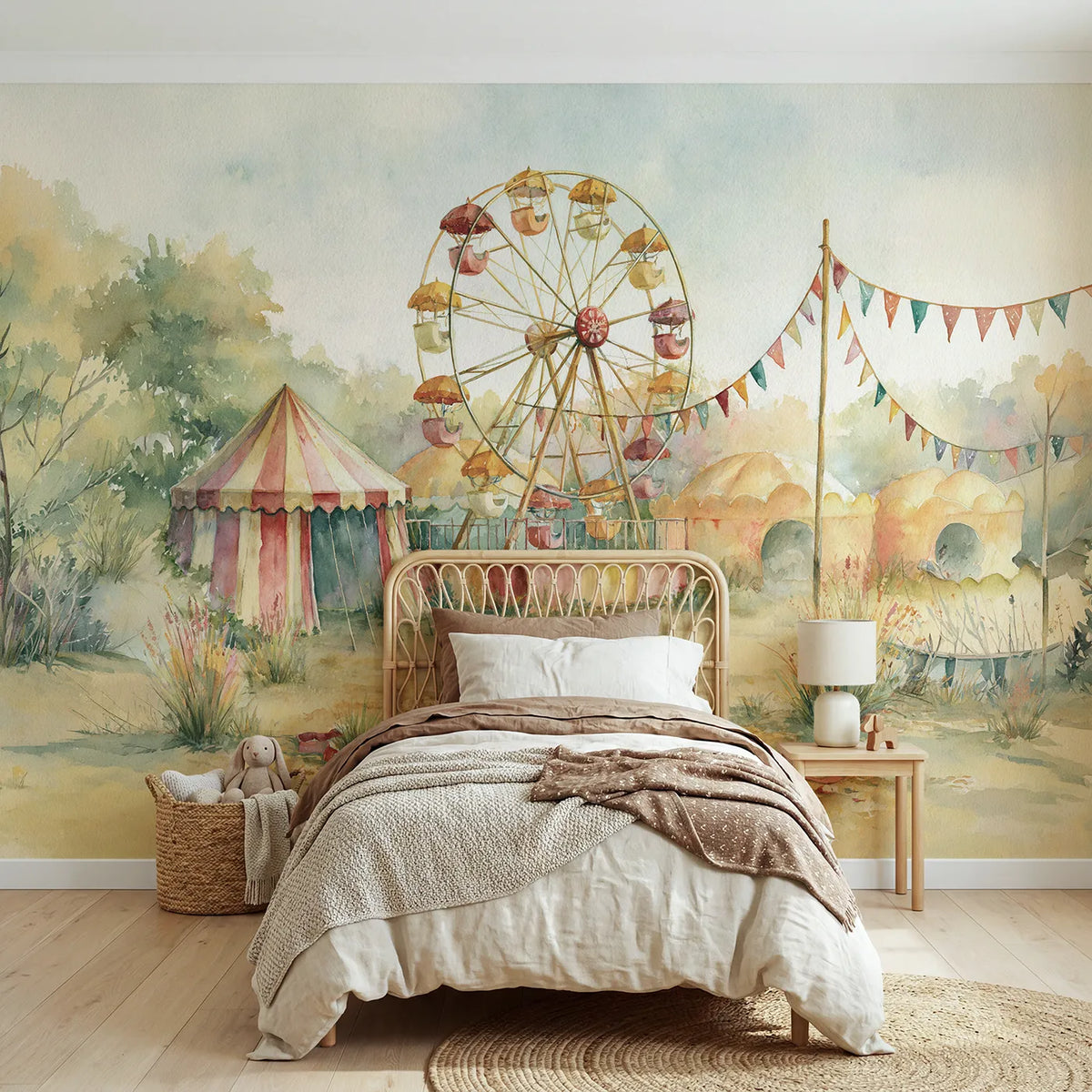 Watercolor wall mural of a gentle ferris wheel on warm cream by Whimsy Tots