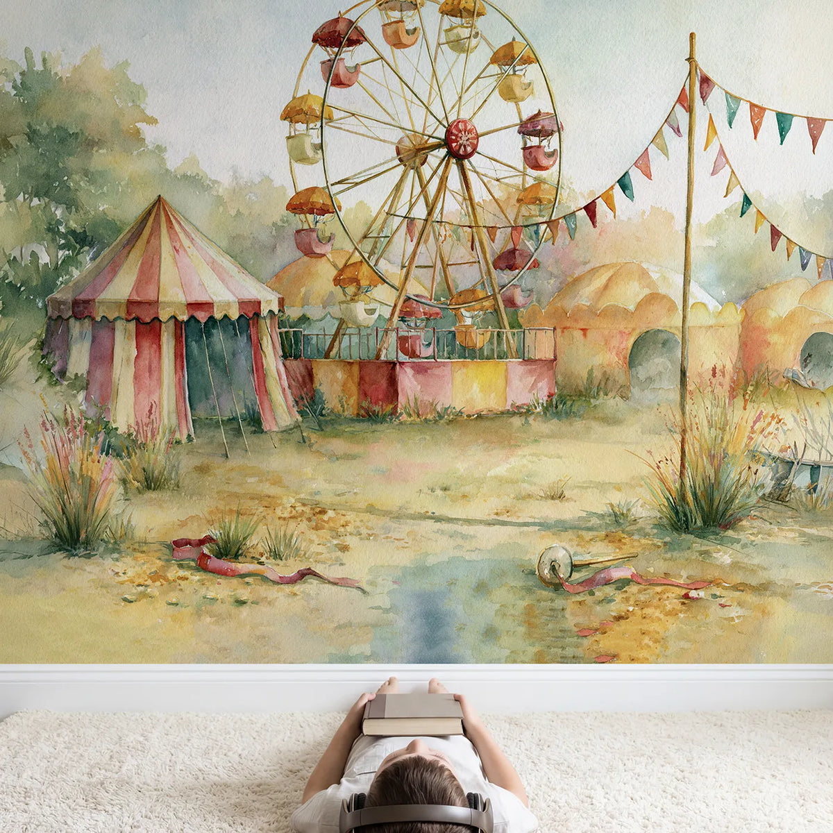 Child in nursery with Gentle Ferris Wheel Wallpaper Mural by Whimsy Tots