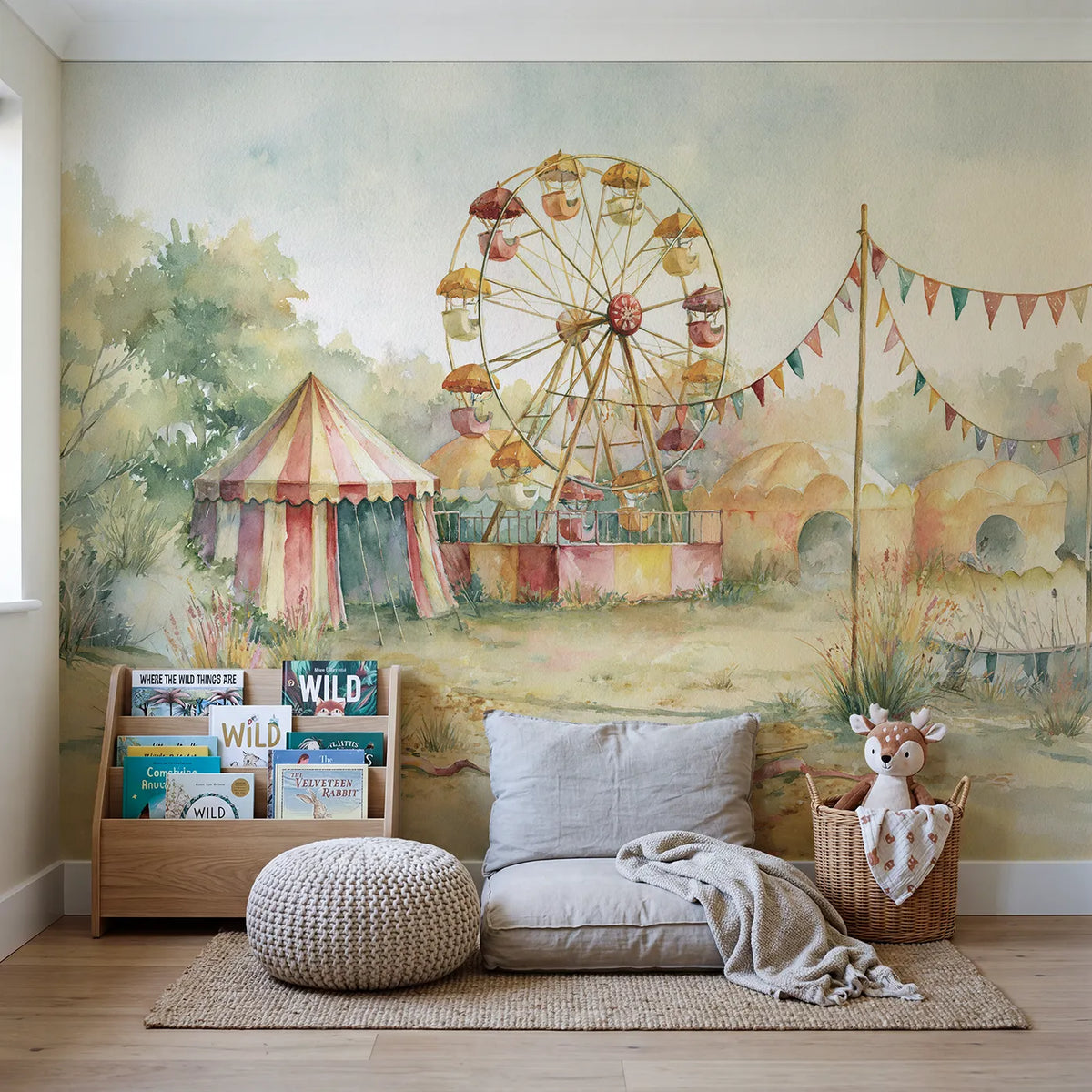 Gentle Ferris Wheel Wallpaper Mural in playroom setting by Whimsy Tots