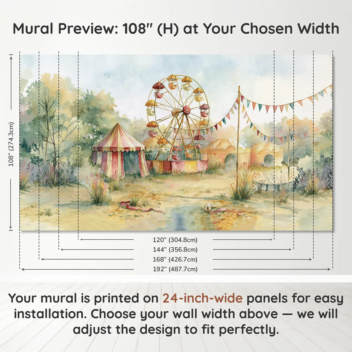 Panel layout and dimensions for Gentle Ferris Wheel Wallpaper Mural by Whimsy Tots