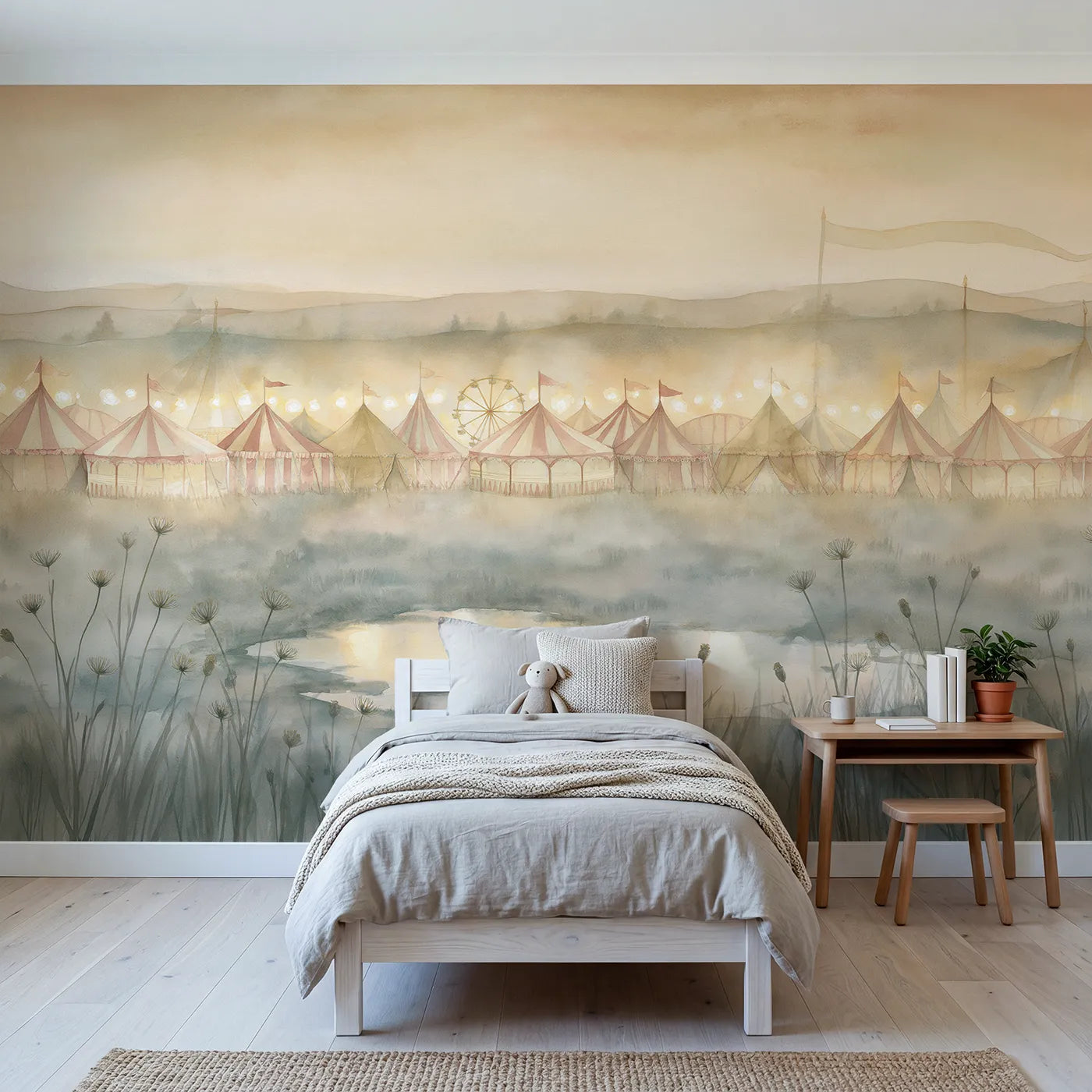 Watercolor wall mural of a fairground glowing at dusk on warm cream by Whimsy Tots