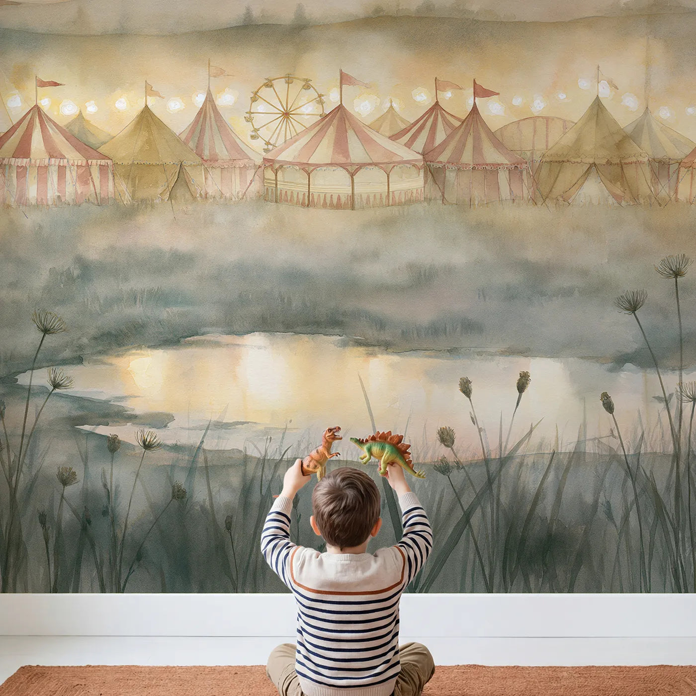 Child in nursery with Fairground Dusk Glow Wallpaper Mural by Whimsy Tots