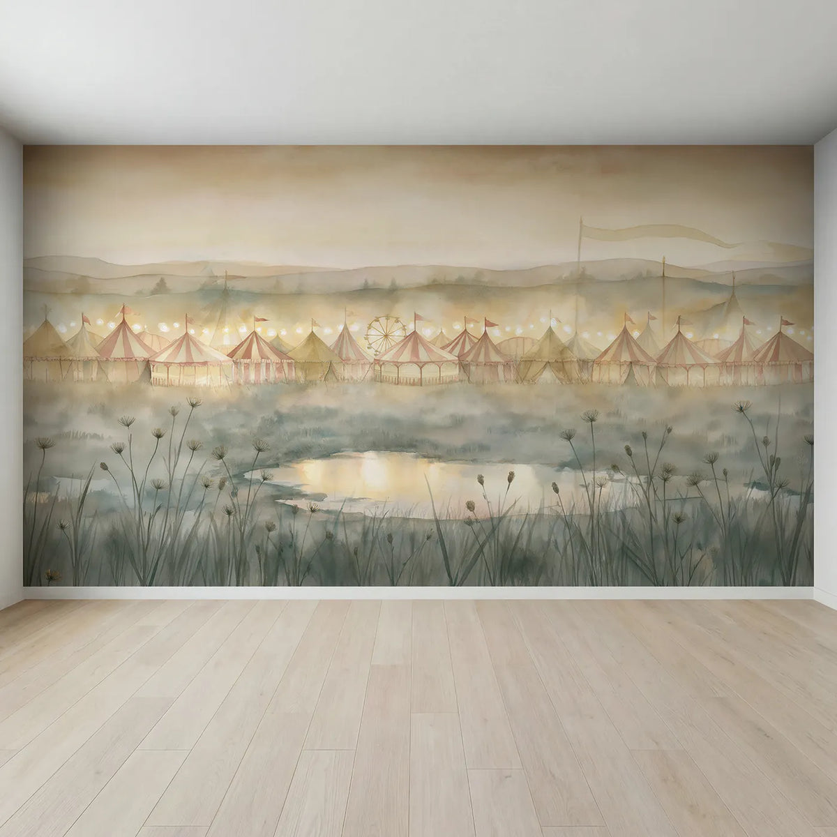 Full view of Fairground Dusk Glow Wallpaper Mural by Whimsy Tots