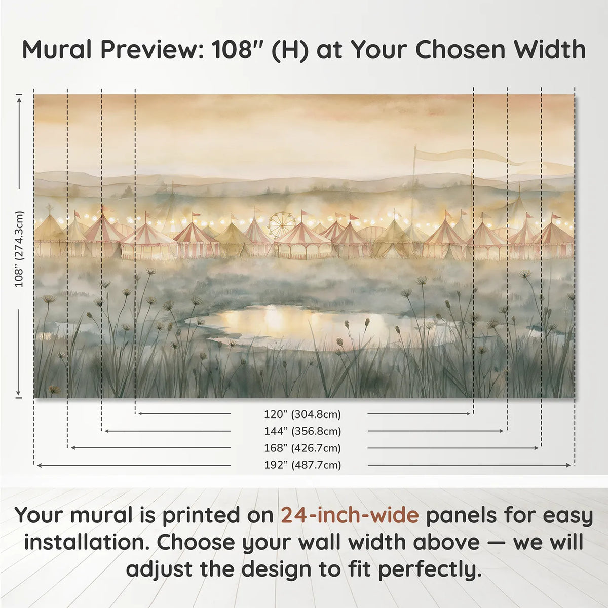 Panel layout and dimensions for Fairground Dusk Glow Wallpaper Mural by Whimsy Tots