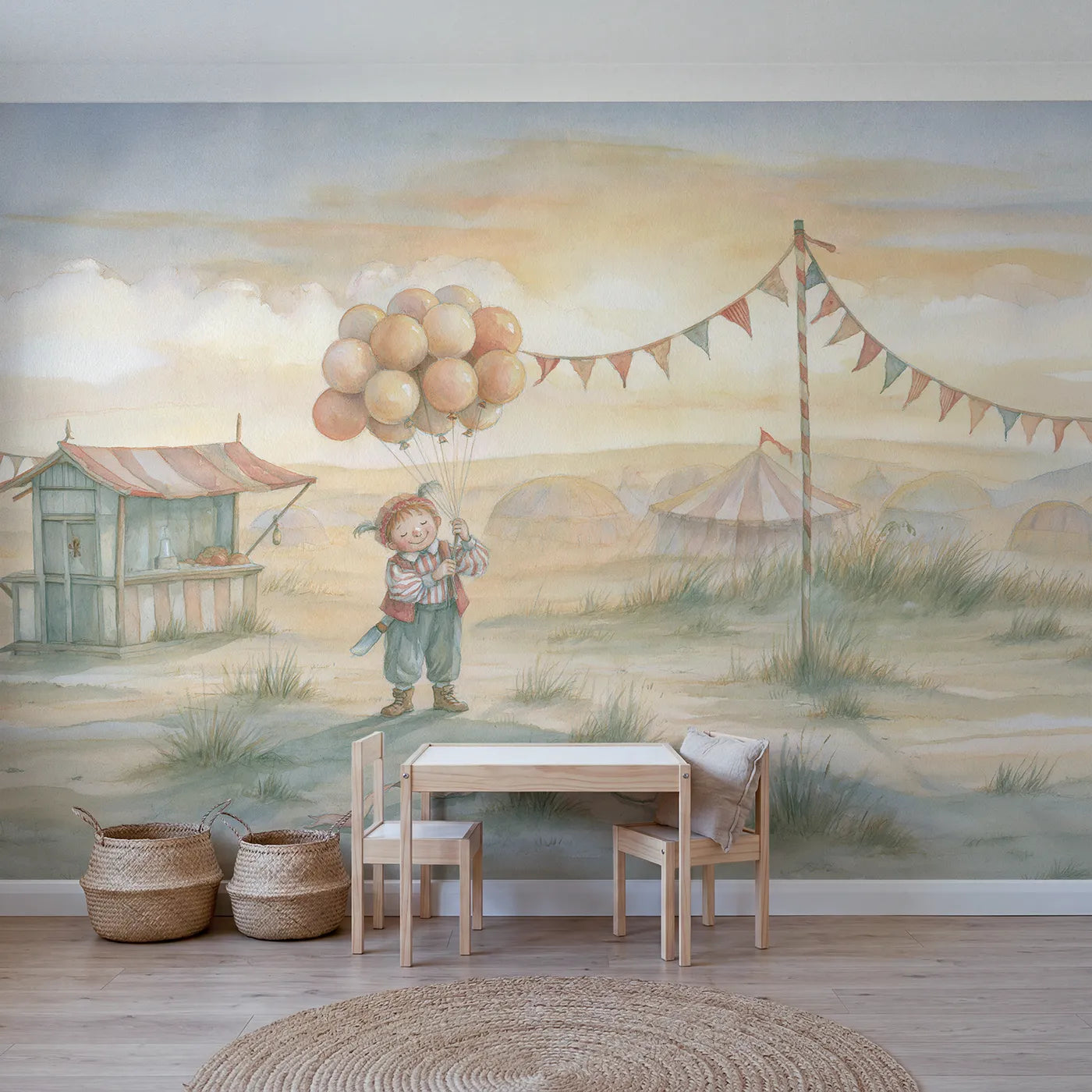 Storybook wall mural of a balloon seller smiling on warm cream by Whimsy Tots