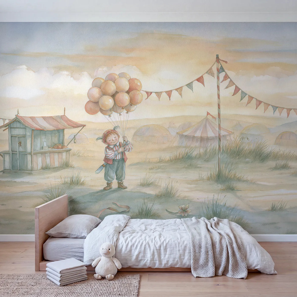 Balloon Seller Smile Wallpaper Mural in playroom setting by Whimsy Tots