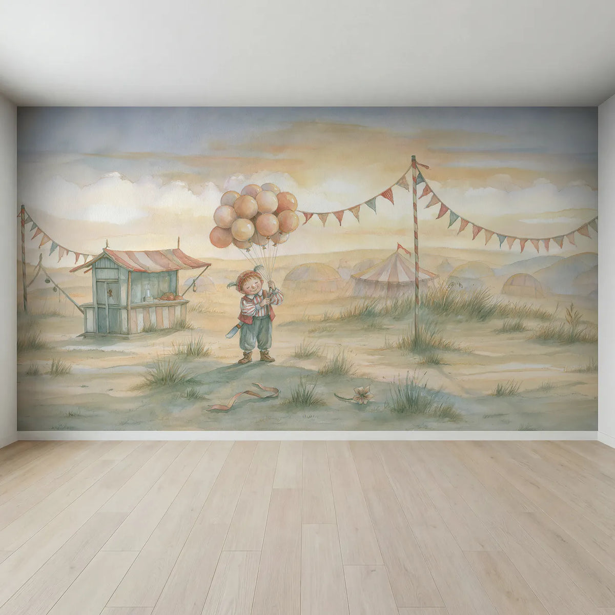 Full view of Balloon Seller Smile Wallpaper Mural by Whimsy Tots