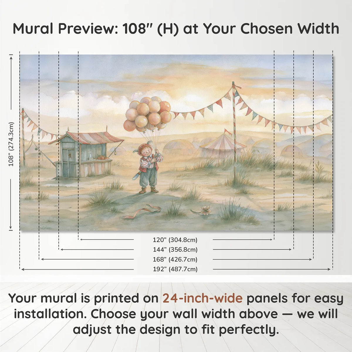 Panel layout and dimensions for Balloon Seller Smile Wallpaper Mural by Whimsy Tots