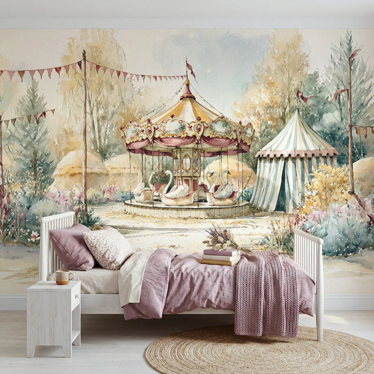 Watercolor wall mural of carousel swan boats on warm cream by Whimsy Tots