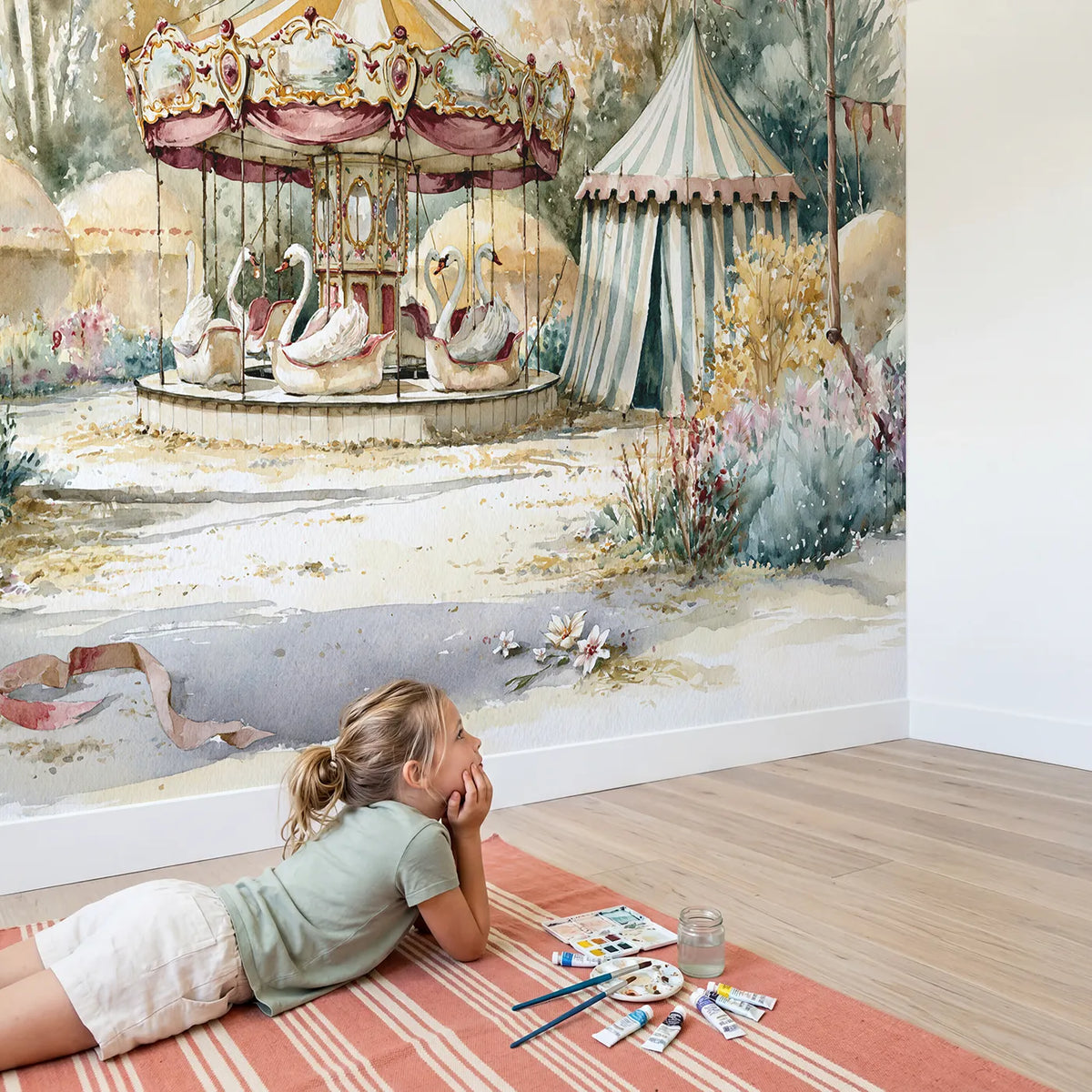Child in nursery with Carousel Swan Boats Wallpaper Mural by Whimsy Tots