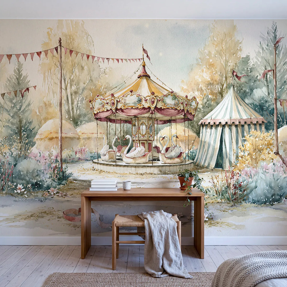 Carousel Swan Boats Wallpaper Mural in playroom setting by Whimsy Tots