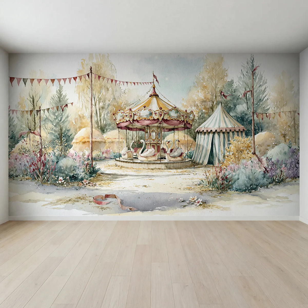 Full view of Carousel Swan Boats Wallpaper Mural by Whimsy Tots