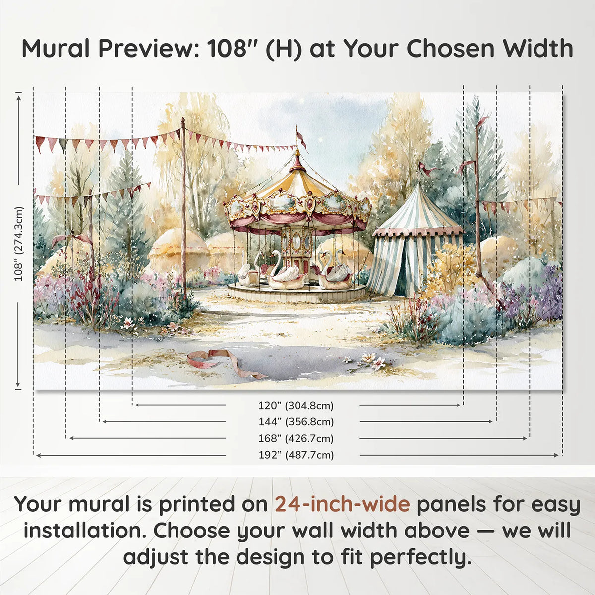 Panel layout and dimensions for Carousel Swan Boats Wallpaper Mural by Whimsy Tots