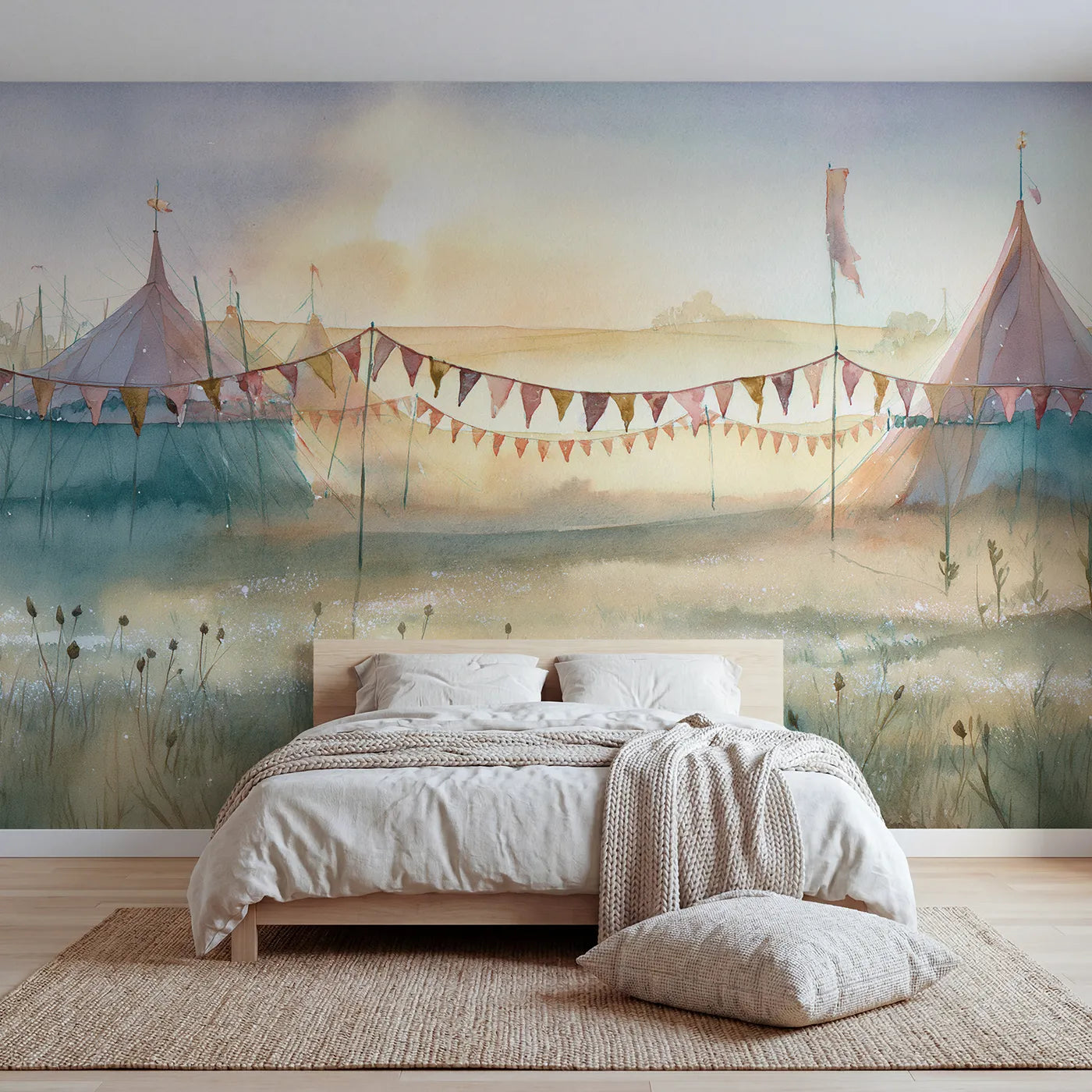 Watercolor wall mural of fairground bunting at morning on warm cream by Whimsy Tots