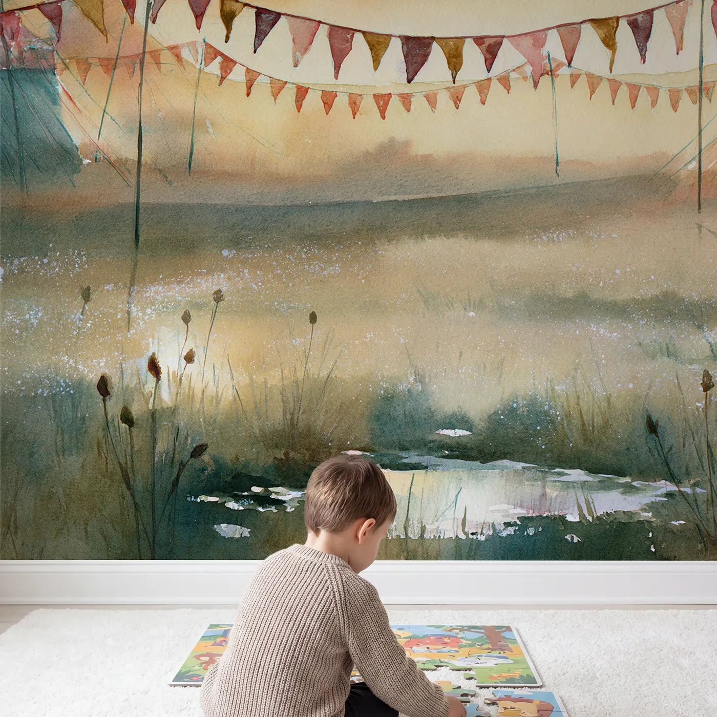Child in nursery with Soft Bunting Morning Wallpaper Mural by Whimsy Tots