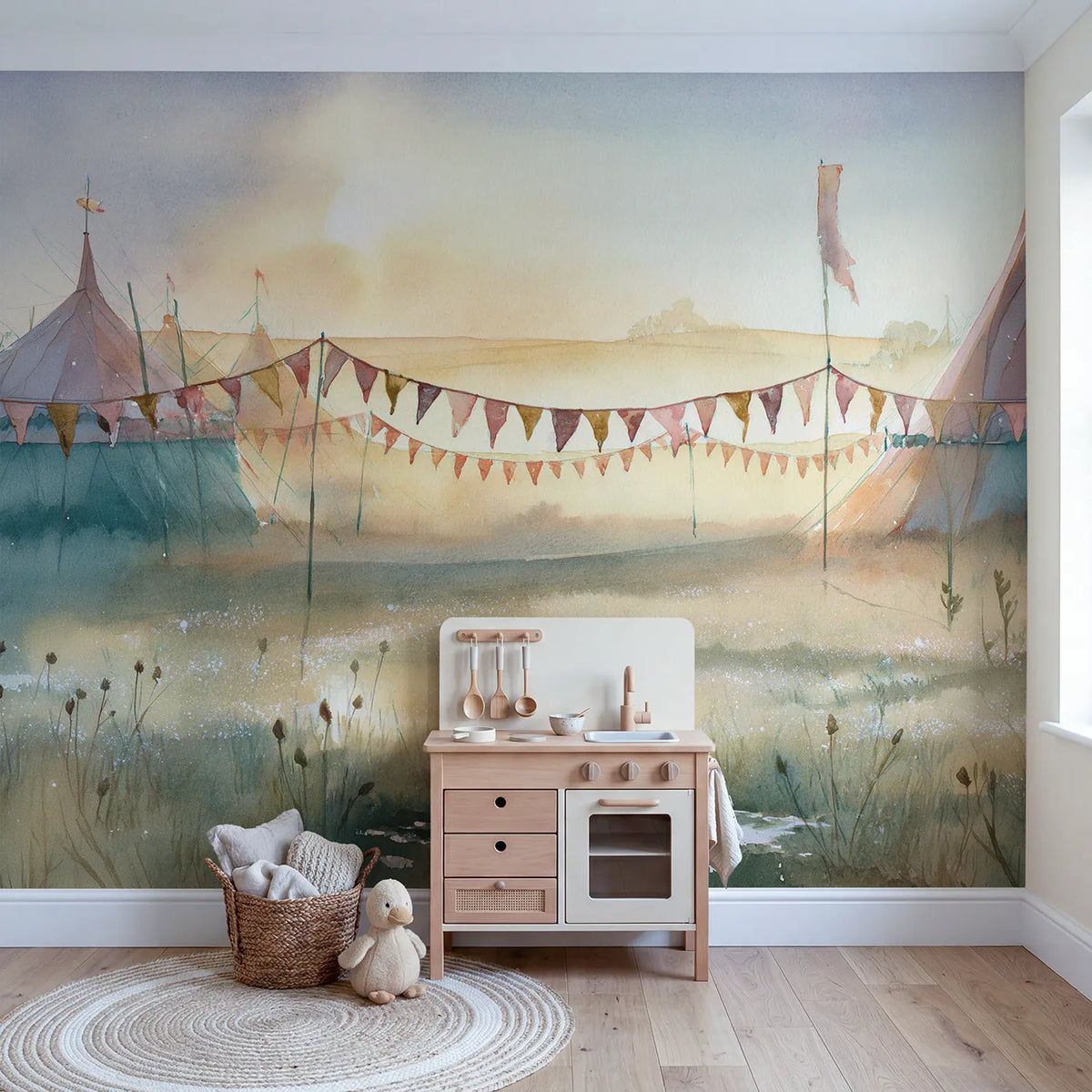 Soft Bunting Morning Wallpaper Mural in playroom setting by Whimsy Tots