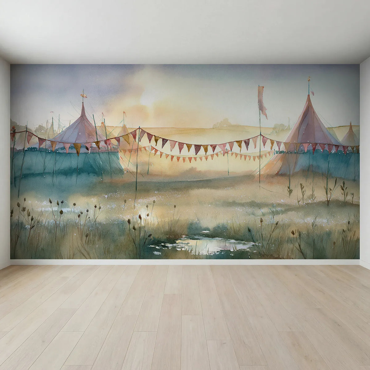 Full view of Soft Bunting Morning Wallpaper Mural by Whimsy Tots