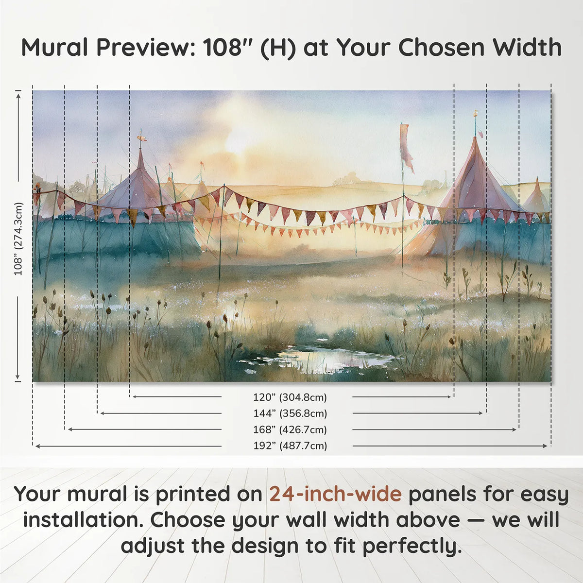 Panel layout and dimensions for Soft Bunting Morning Wallpaper Mural by Whimsy Tots