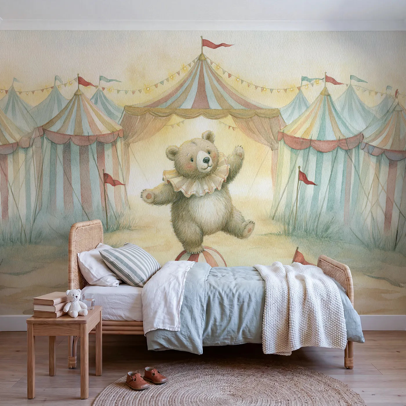 Storybook wall mural of a gentle circus bear on warm cream by Whimsy Tots