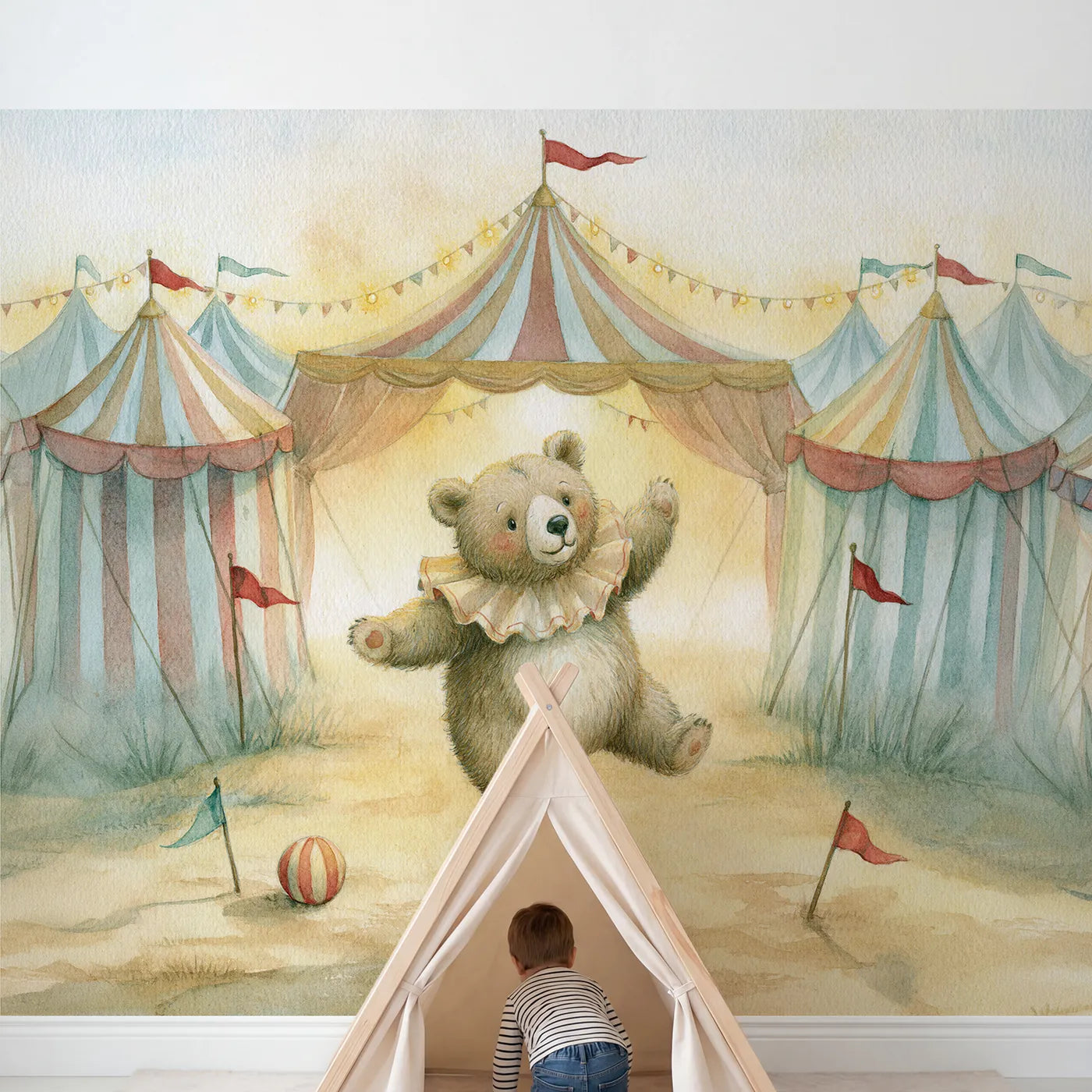 Child in nursery with Gentle Circus Bear Wallpaper Mural by Whimsy Tots