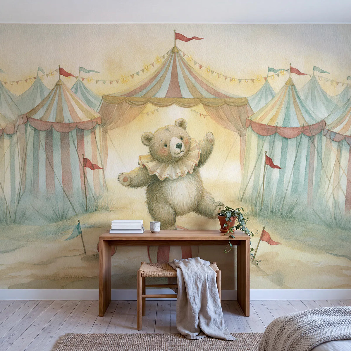 Gentle Circus Bear Wallpaper Mural in playroom setting by Whimsy Tots