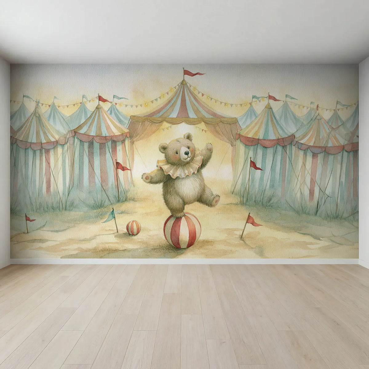 Full view of Gentle Circus Bear Wallpaper Mural by Whimsy Tots