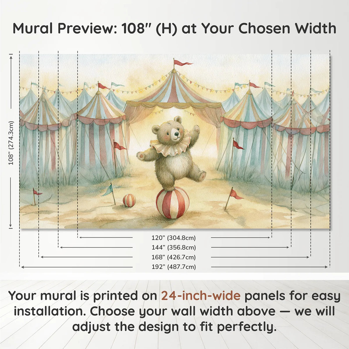Panel layout and dimensions for Gentle Circus Bear Wallpaper Mural by Whimsy Tots