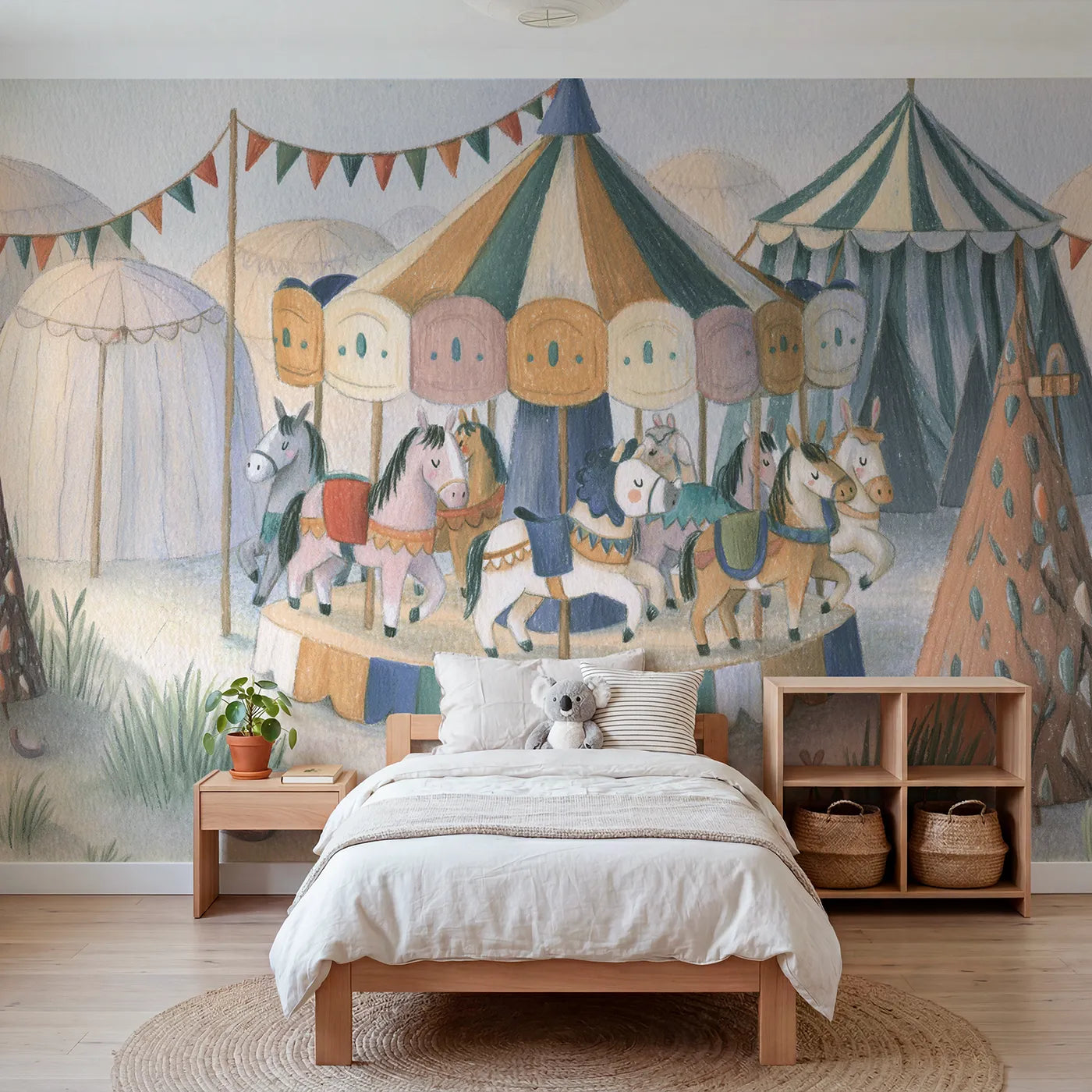 Colored pencil wall mural of a soft carousel on warm cream by Whimsy Tots