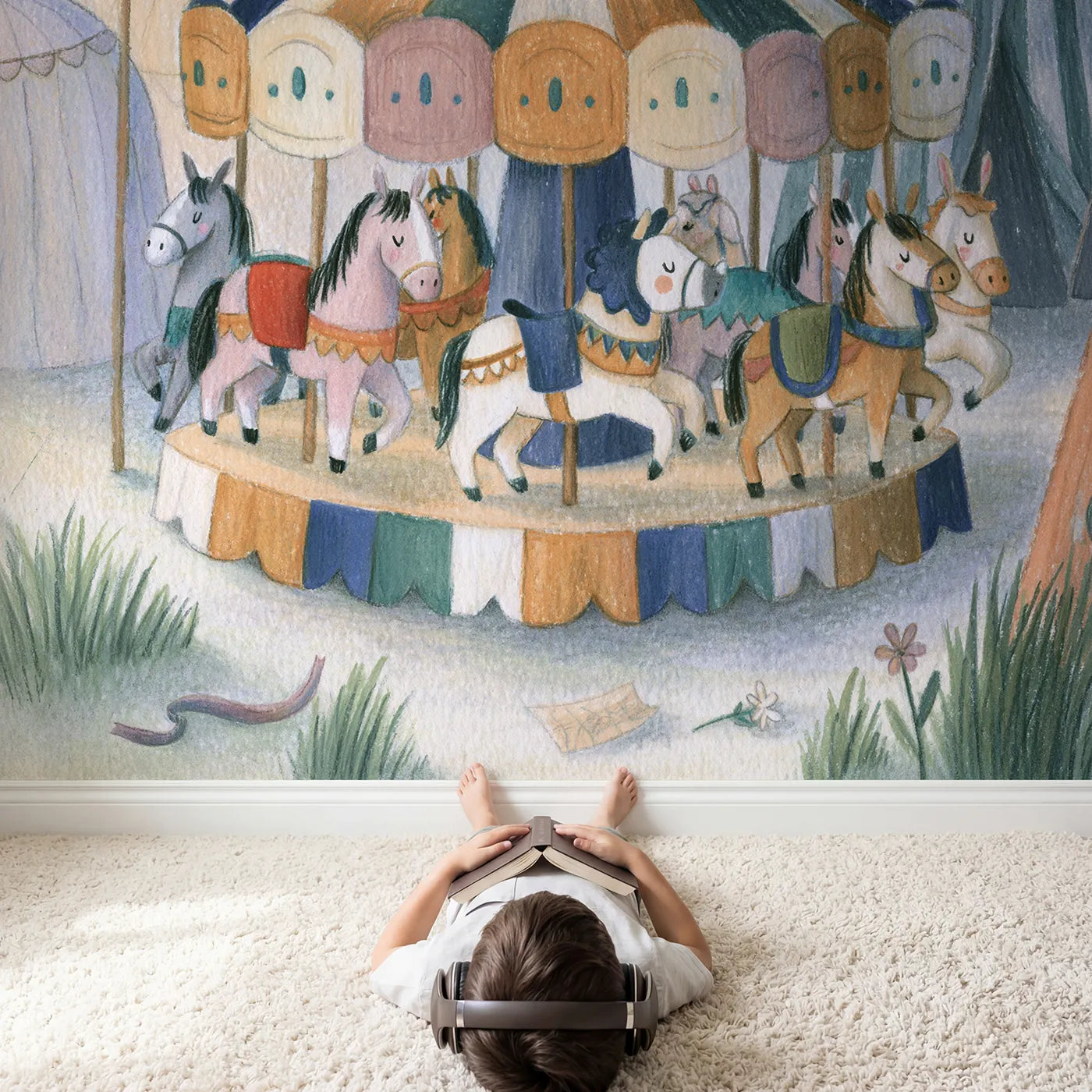 Child in nursery with Pencil Carousel Dream Wallpaper Mural by Whimsy Tots