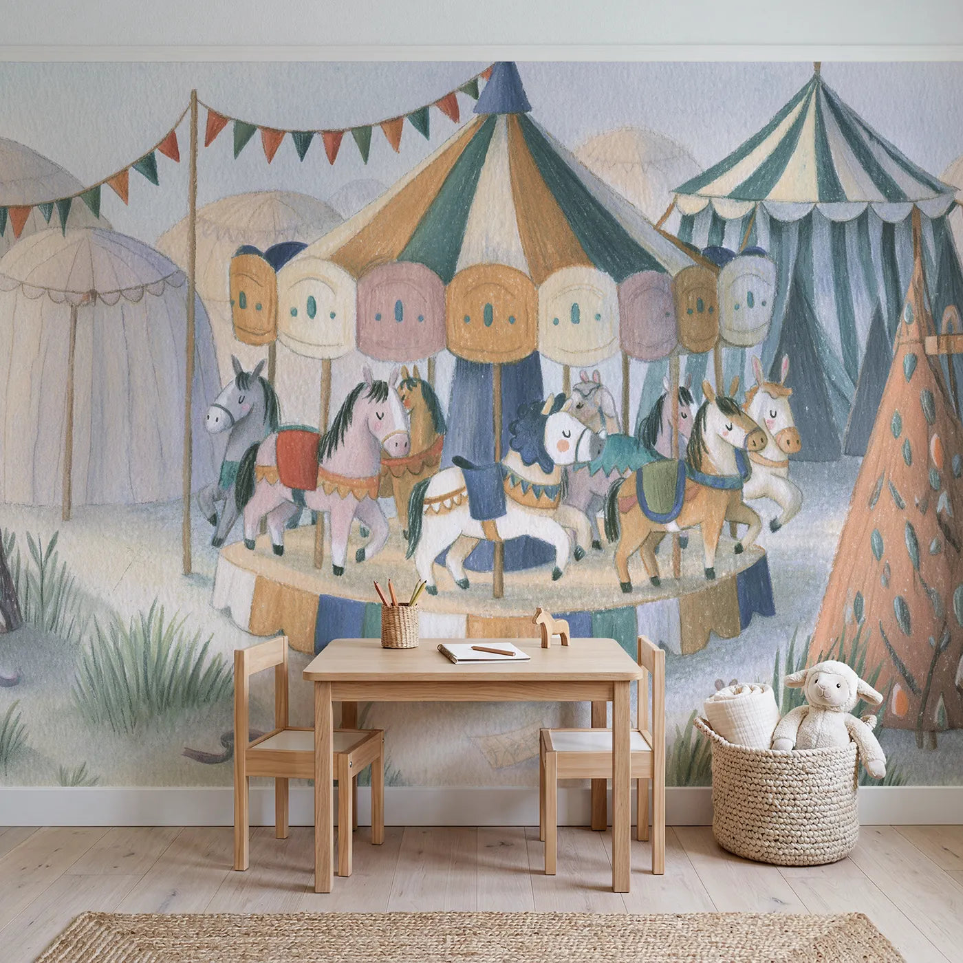 Pencil Carousel Dream Wallpaper Mural in playroom setting by Whimsy Tots