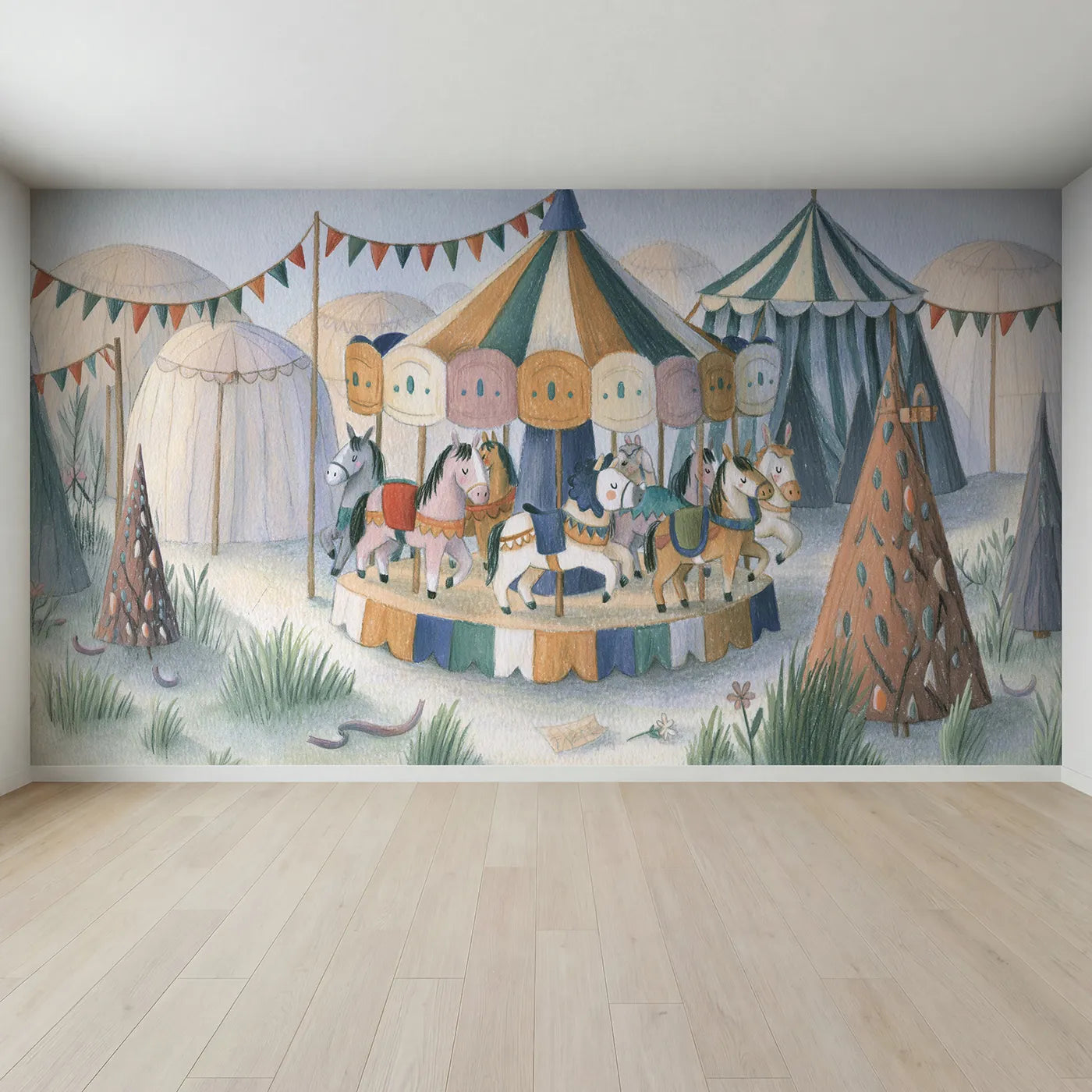 Full view of Pencil Carousel Dream Wallpaper Mural by Whimsy Tots