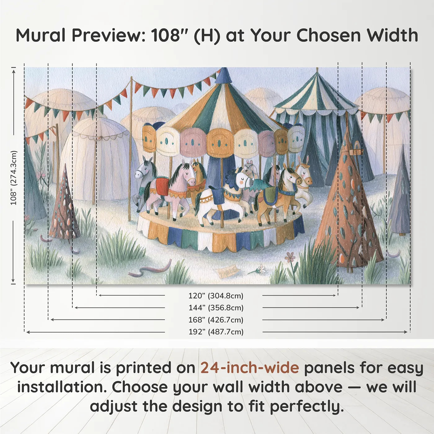 Panel layout and dimensions for Pencil Carousel Dream Wallpaper Mural by Whimsy Tots