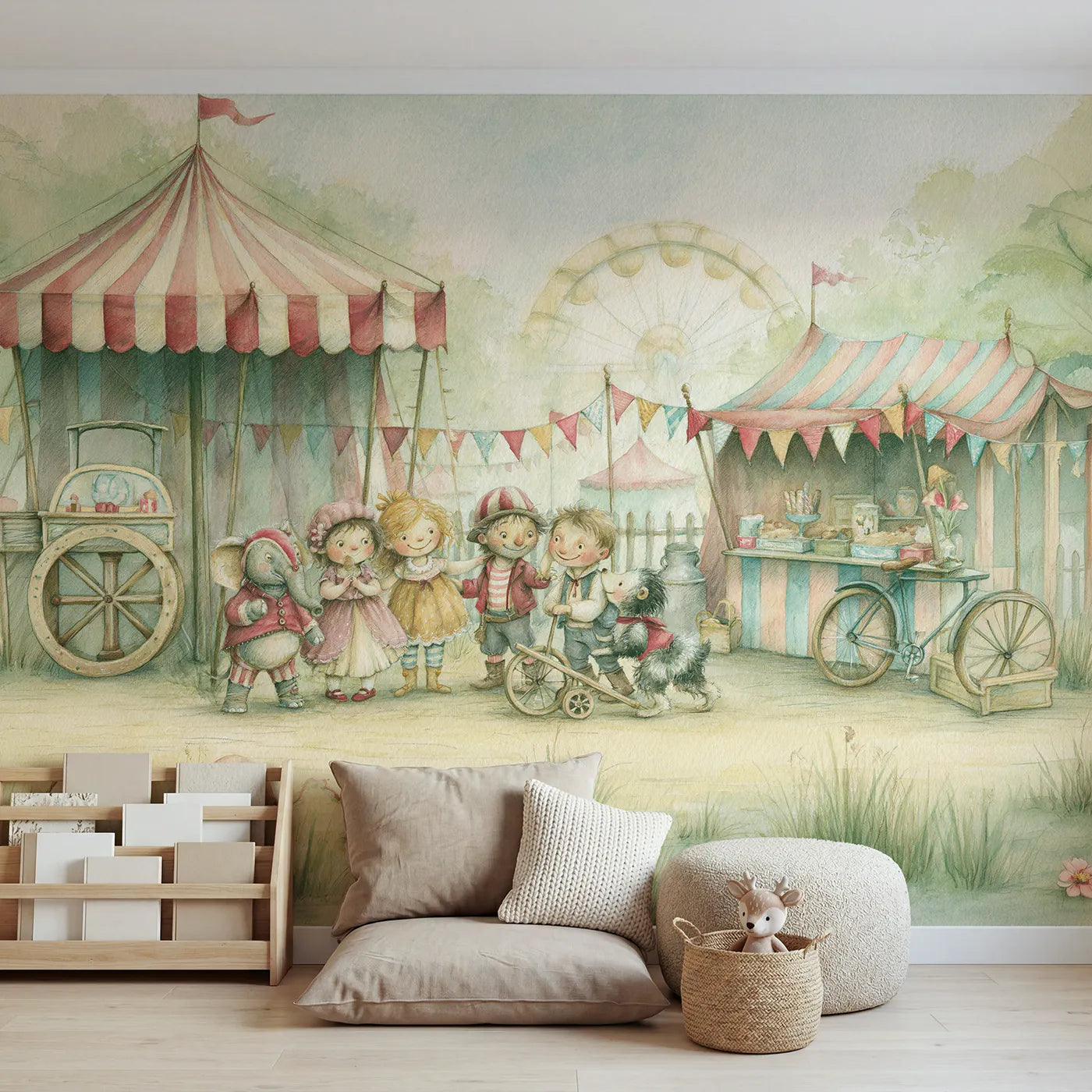 Storybook wall mural of a cheerful funfair day on warm cream by Whimsy Tots
