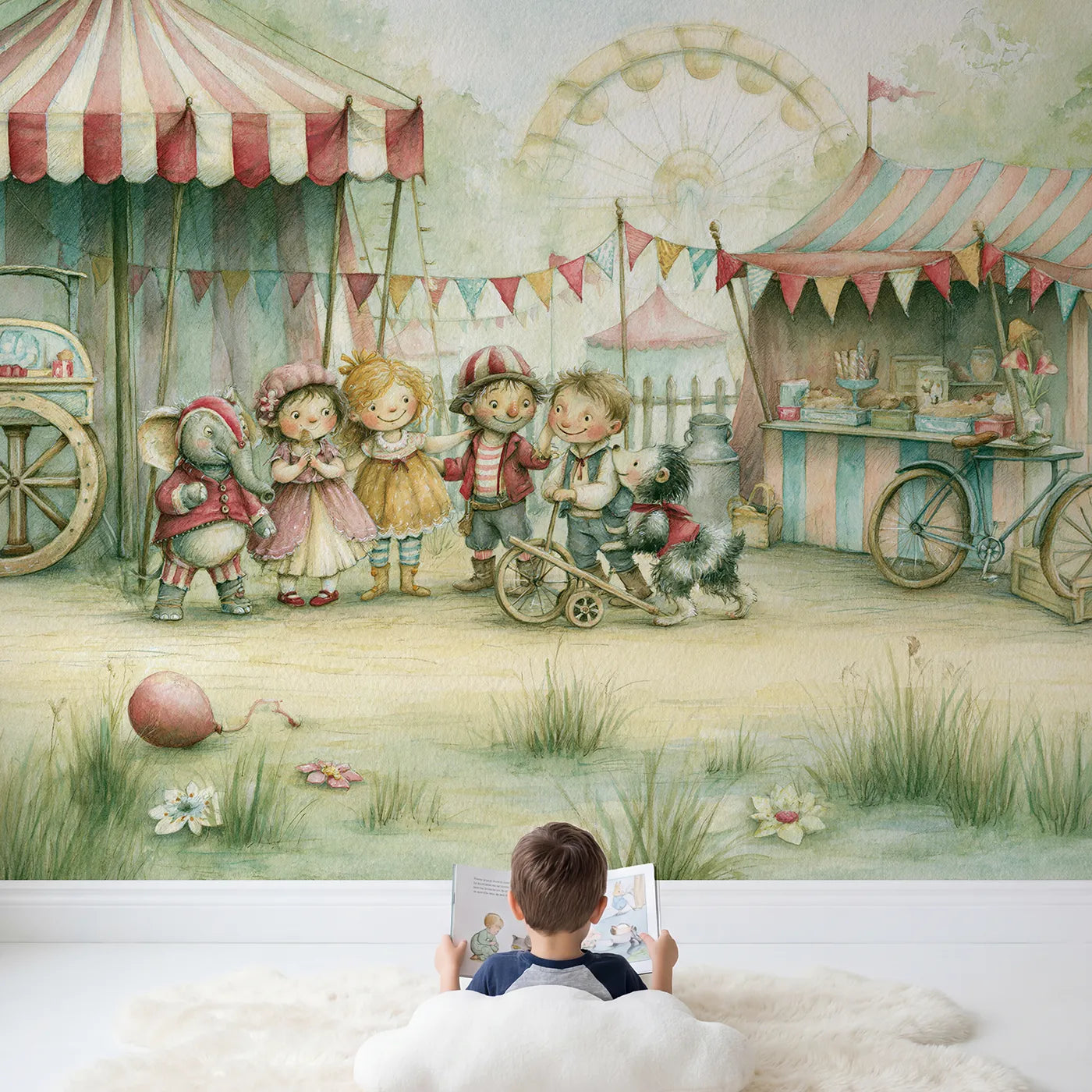 Child in nursery with Funfair Friends Day Wallpaper Mural by Whimsy Tots