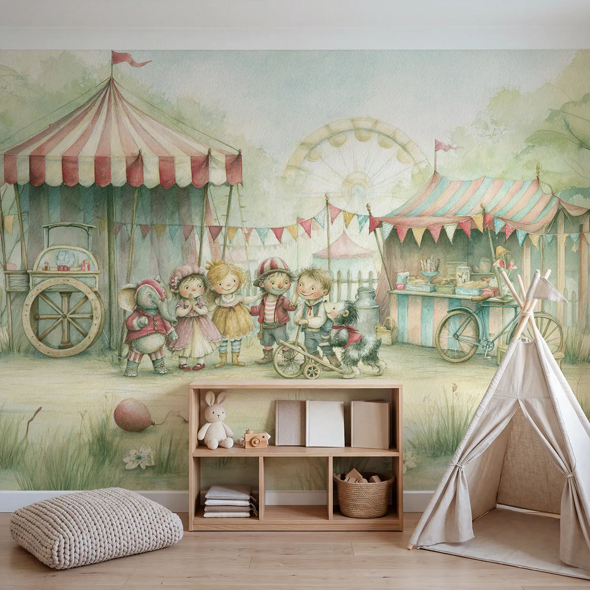 Funfair Friends Day Wallpaper Mural in playroom setting by Whimsy Tots