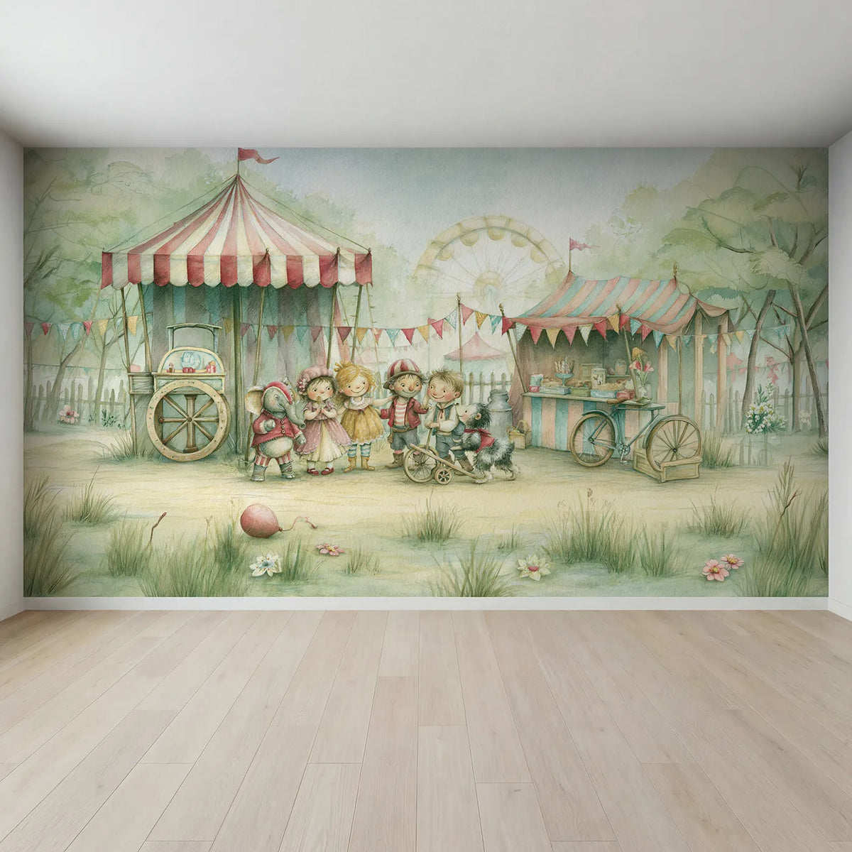 Full view of Funfair Friends Day Wallpaper Mural by Whimsy Tots