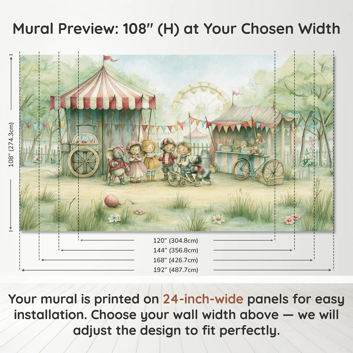 Panel layout and dimensions for Funfair Friends Day Wallpaper Mural by Whimsy Tots