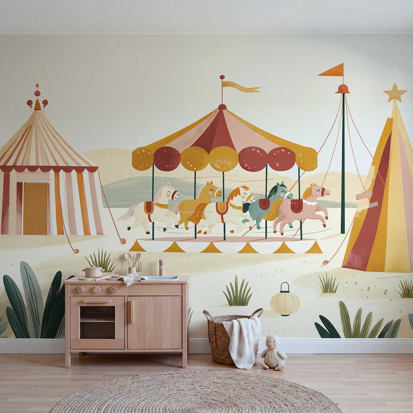 Gouache wall mural of a folk carousel spinning on warm cream by Whimsy Tots