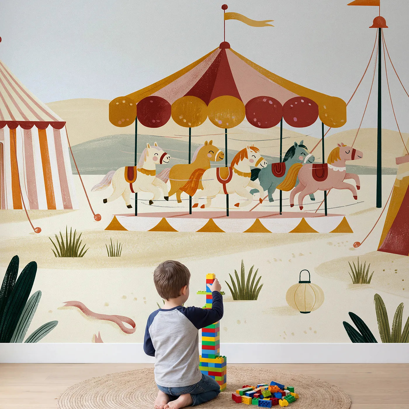 Child in nursery with Folk Carousel Spin Wallpaper Mural by Whimsy Tots