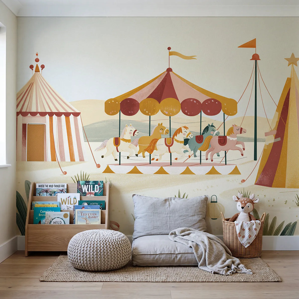 Folk Carousel Spin Wallpaper Mural in playroom setting by Whimsy Tots
