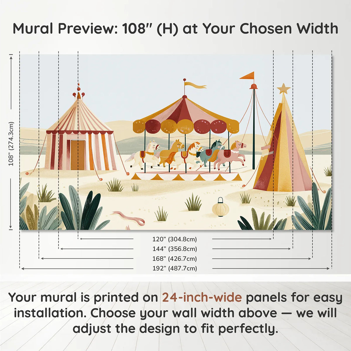 Panel layout and dimensions for Folk Carousel Spin Wallpaper Mural by Whimsy Tots